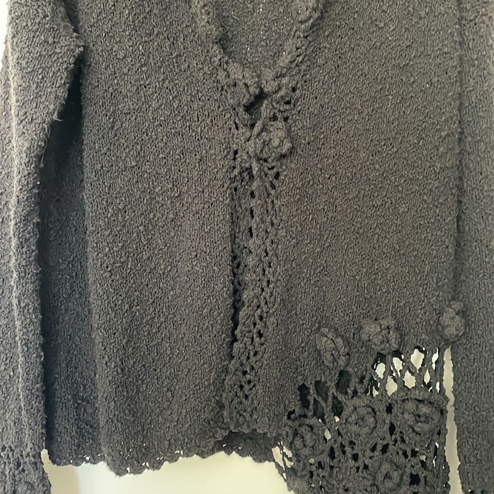 Carraig Donn | Irish Linen Cotton Hand Knit Boucle Crochet Lace Cardigan Large - Picture 3 of 15